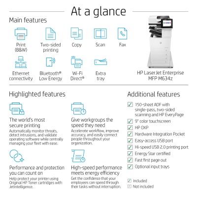 HP LaserJet Enterprise M634z Wireless Multifunction Black and white Printer, Copier, Scanner Duplex