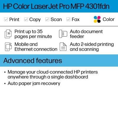 HP Color LaserJet Pro LaserJet Pro 4301fdn Multifunction Color Printer, Ethernet Only Copier, Scanner