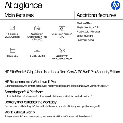 HP EliteBook 6 G1q Next Gen AI PC Wolf Pro Security Edition Copilot+ PC Snapdragon X1P-42-100 Laptop 14" WUXGA 16 GB