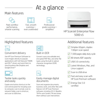 HP ScanJet Enterprise Flow 5000 s5 Scanner à defilement A4, jusqu’à 65ppm 130ipm, 600 x 600 DPI