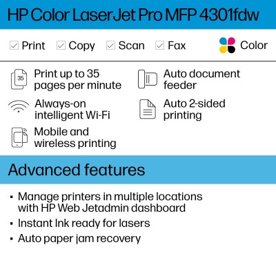 HP LaserJet Pro 4301fdw Wireless Multifunction Color Printer, Copier, Scanner Duplex